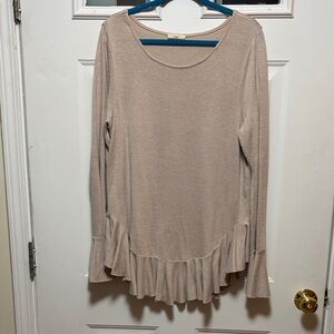 Easel Beige Long Sleeve Top with Ruffled Hem